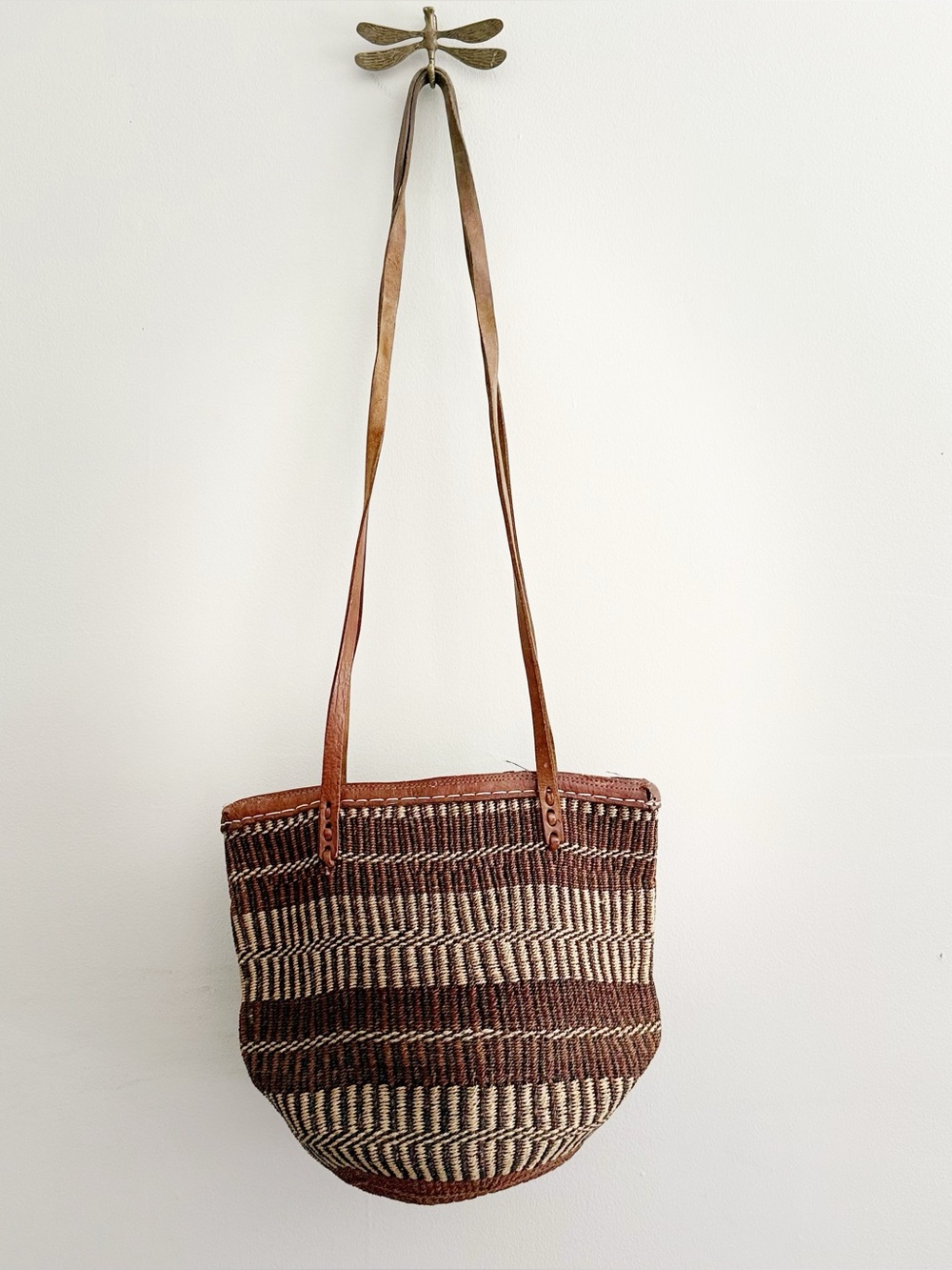 Vintage Sisal Woven Market Large Bag with Brown Leather Straps - Picture 6 of 7